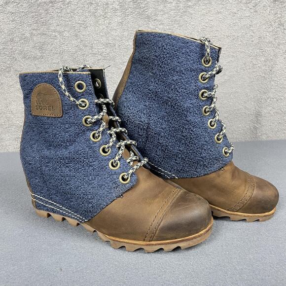 Sorel Wedge Boots Womens Size 8.5 Blue Brown Lexie Leather Canvas NL2265-269 - Picture 1 of 16
